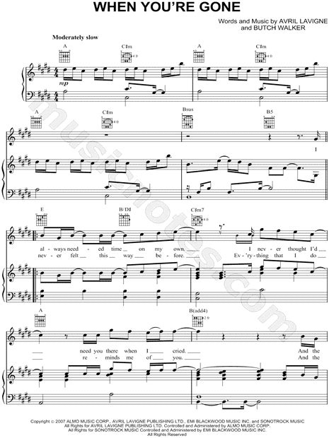 Avril Lavigne When Youre Gone Sheet Music In E Major Transposable