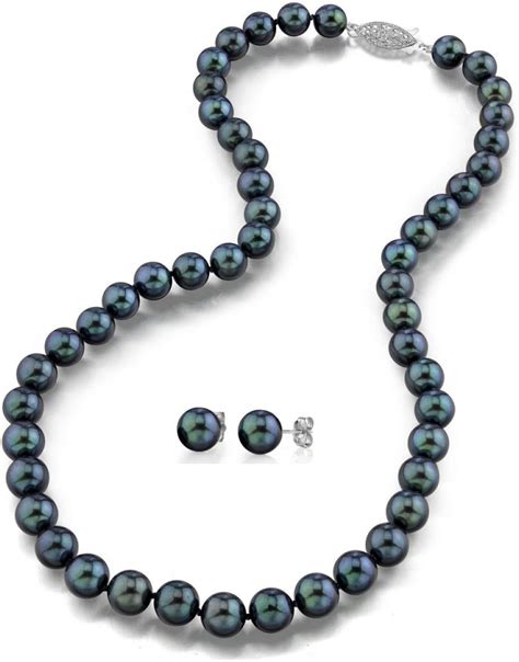 K Gold Black Akoya Cultured Pearl Necklace Matching Earrings Set