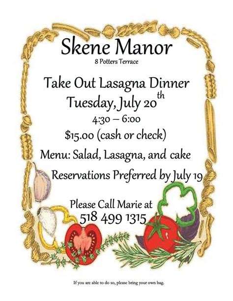 Takeout Dinner Lasagna Skene Manor