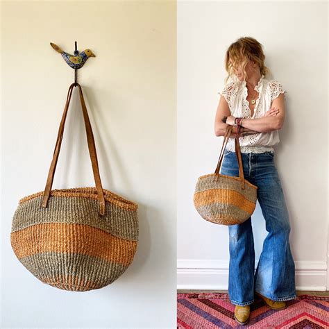 Reservedvintage Sisal And Leather Market Bag Ethnic Straw Straw Bag