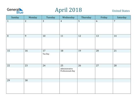 April 2018 Calendar United States
