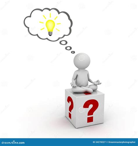 3d Man Sitting On Question Marks Box And Thinking With Idea Bulb In