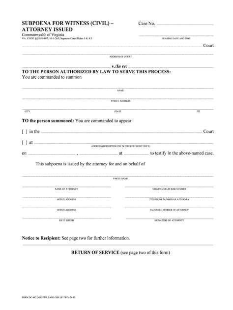 Subpoena For Witness Civil Form Fill Out And Sign Printable Pdf