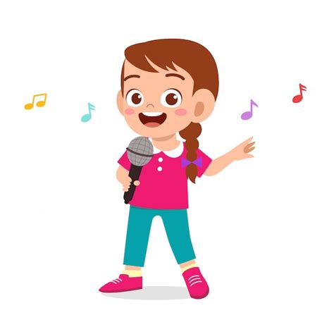 Feliz Niña Niño Lindo Cantar Una Canción Vector Premium