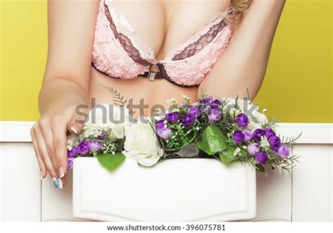 Beautiful Sexy Womans Breasts Lingerie Flowers Stock Photo 396075781