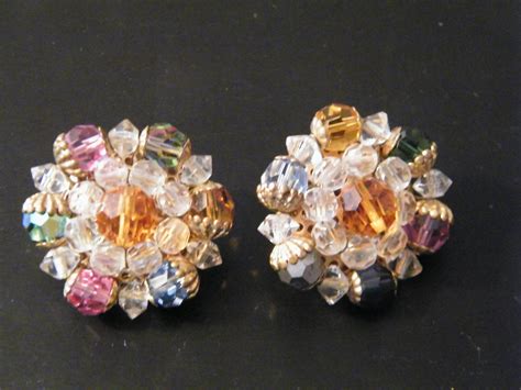 1950s Round Beaded Clip On Earrings Vintage Mid Century Pair Of Designer Costume Jewelry Marked