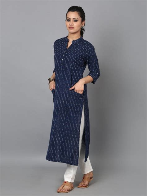 Blue Cotton Ikat Front Pocket Kurta Cotton Kurti Designs Salwar