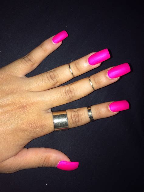 Square Acrylic Nails Bright Pink Summer Color With Matte Nail