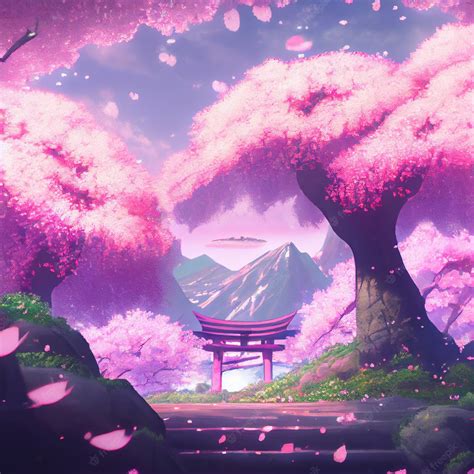 Arbres De Fleurs De Cerisier Japonais Paysage Anime Manga Illustration