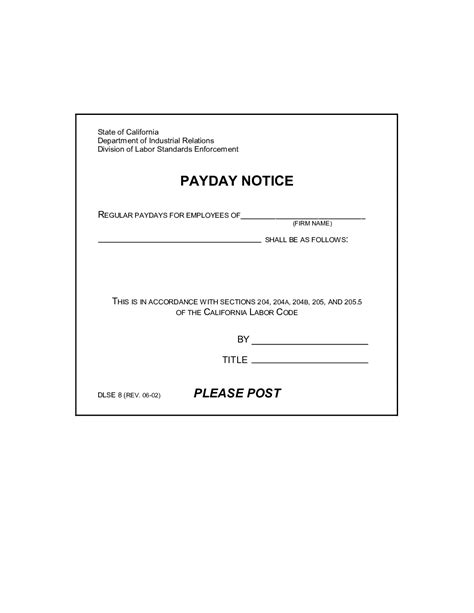 Free California California Payday Notice Labor Law Poster 2024