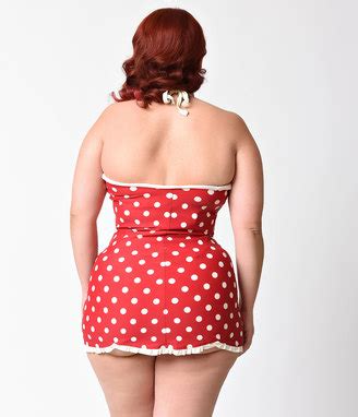 Bettie Page Plus Size S Style Red Ivory Dotted Halter Swimsuitdress Shopstyle
