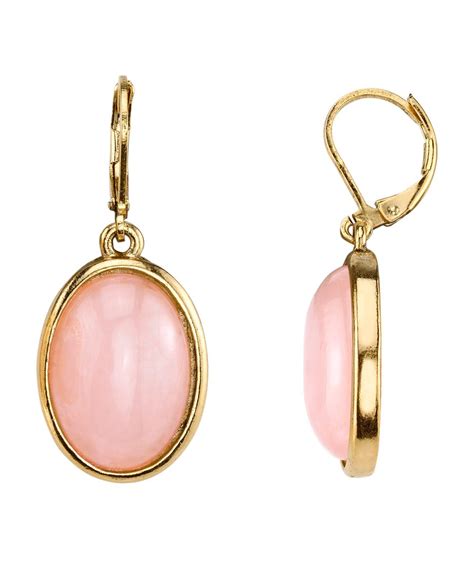 K Gold Dipped Semi Precious Rose Quartz Pink Oval Drop Earrings