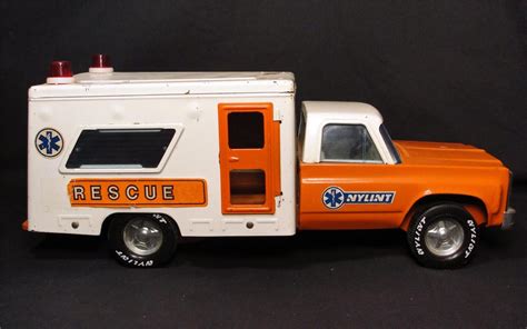 Ny Lint Nylint Orange White Rescue Ambulance Pressed Tin Toy Truck Vintage Ebay