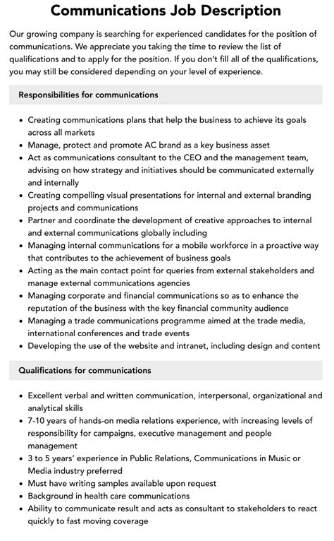 Communications Job Description Velvet Jobs
