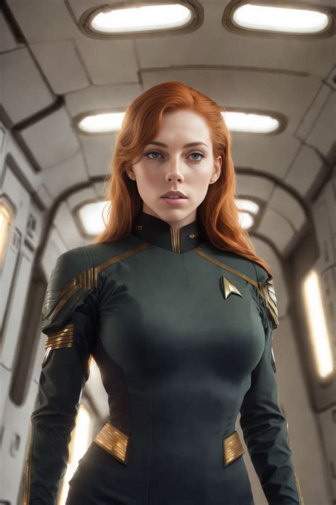 A Woman With Red Hair In A Black Suit And Gold Trims Stands In A Space Station