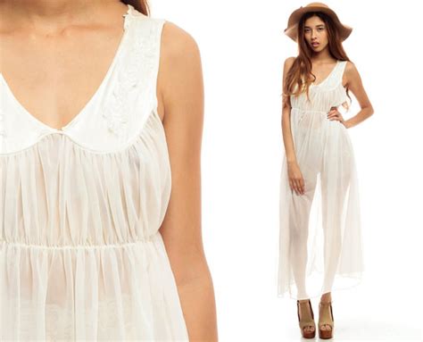 Sheer Nightgown Lingerie Slip Dress S Maxi Boho Nylon White EMPIRE