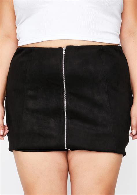 Plus Size Mini Skirt Front Zip Faux Suede High Waist Black Dolls Kill