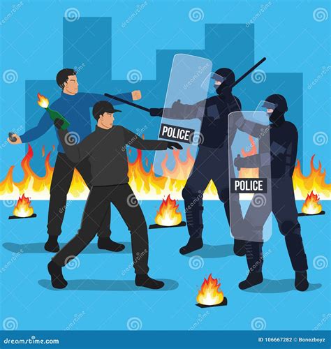 Riot Police With Activist Characters Cartoon Vector