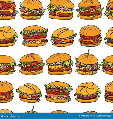 Hand Drawn Burgers Pattern Stock Vector Illustration Of Seamless