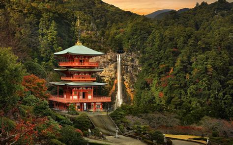 Japan Landscape Temple Mountain Trees Waterfall Wallpaper Travel