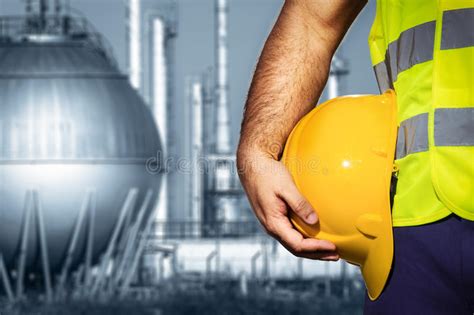 Hand Or Arm Of Engineer Hold Yellow Plastic Helmet In Front Of Oil