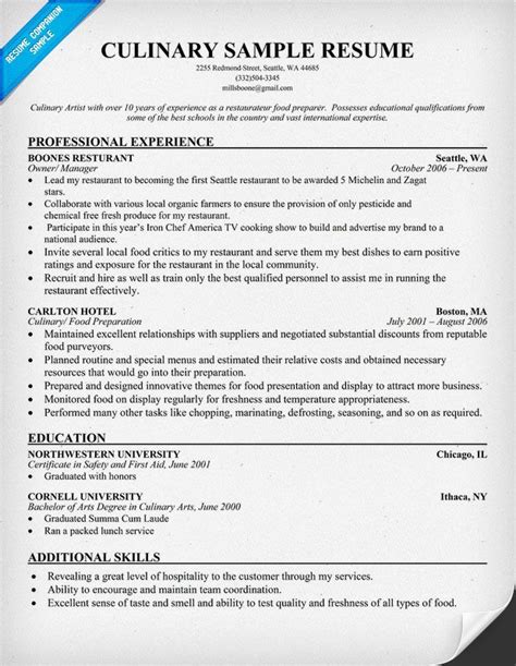 Culinary Resume Resume Samples Across All Industries Pinterest