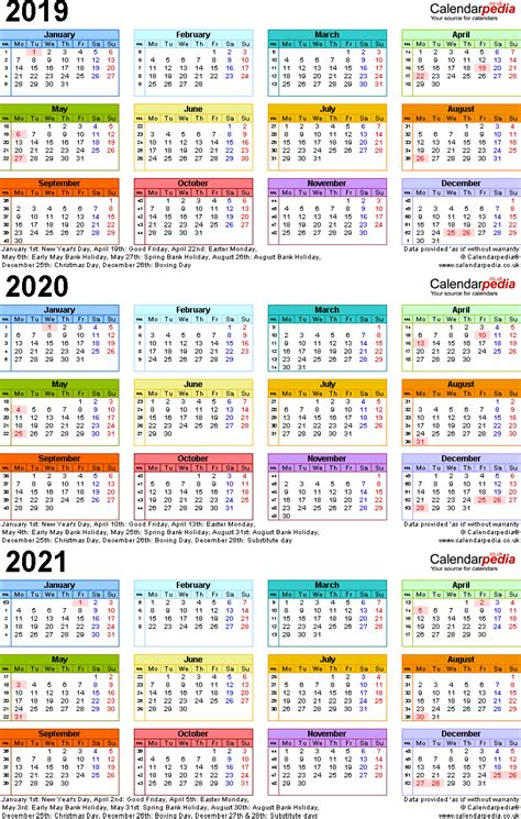 Three Year Calendars For 2019 2020 And 2021 Uk For Pdf