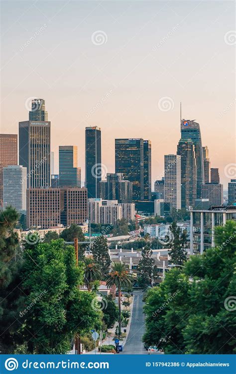 View Of The Downtown Los Angeles Skyline At Sunset California