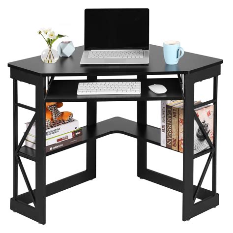 Vecelo Corner Computer Desk With Keyboard Tray And Storage Shelf Workstation Table For Home