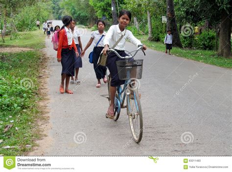 Cambodian Children Going To School By Bycicle Editorial Stock Photo