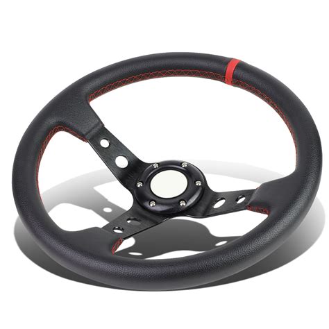 350mm Black 6-Bolt Spoke Red Stitched PVC Leather Racing Steering Wheel