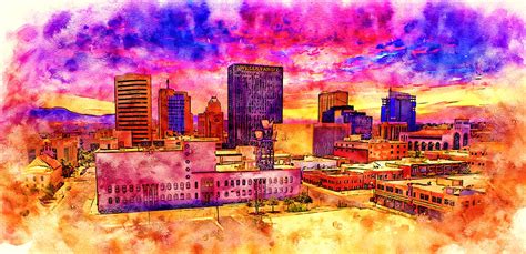 Downtown El Paso Texas At Sunset Pen And Watercolor Digital Art By
