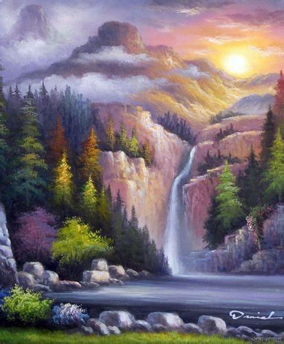 Mountain Waterfall Forest Sunset Clouds Pine Tree Oil On