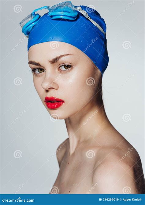 Nude Woman In Blue Swimming Cap Red Lips Stock Image Image Of Beautiful Sport 216299019