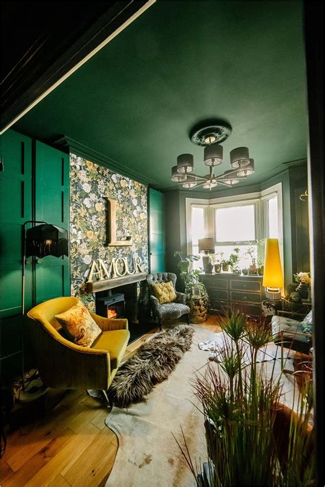 Dark Green Living Room Wall Maximalist Eclectic Floral Wallpaper Dark