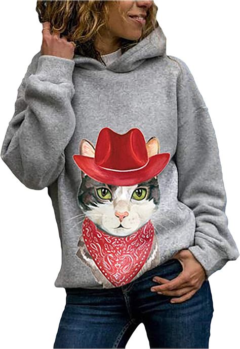 Womens Hooded Sweatshirt Funny Cat Graphic Pullover Shirt Casual Loose