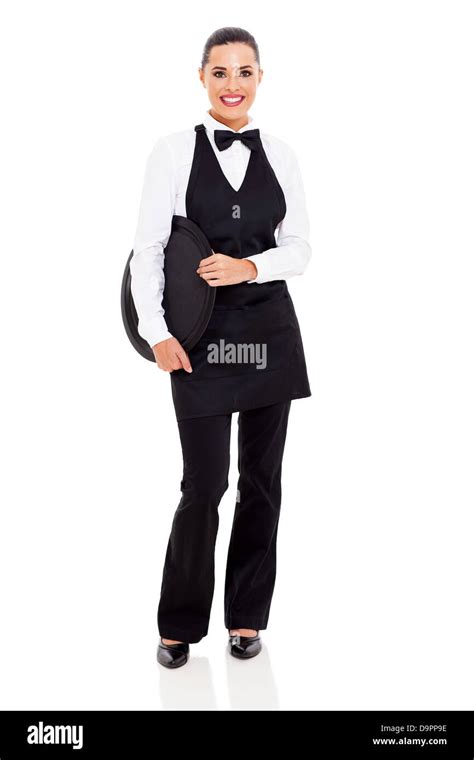 Friendly Young Waitress Holding An Empty Tray Isolated On White Stock