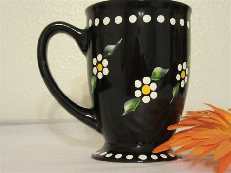 Mug Cup Coffee Hand Painted Black White Dot Daisies Painted Coffee