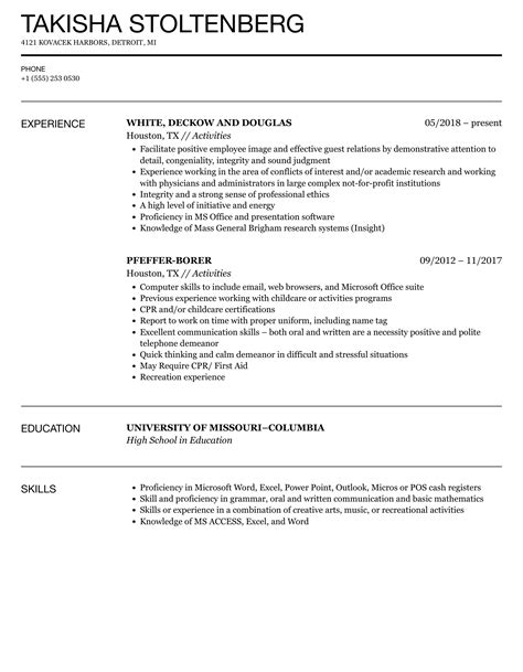 Activities Resume Samples Velvet Jobs