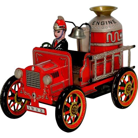Black, two colored fire truck toy icons designed in filled, outline, line and stroke style. Modern Toys Tin Friction Old Smokey Joe No. 2 Fire Truck ...