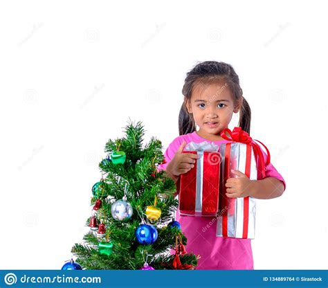 Happy Asian Child Holding Christmas Presents Christmas Or Happy