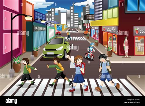 A Vector Illustration Of Kids Using The Pedestrian Lane While Crossing