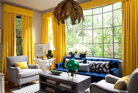 Modern Living Room Yellow Curtains Yellow And Blue Colour Scheme
