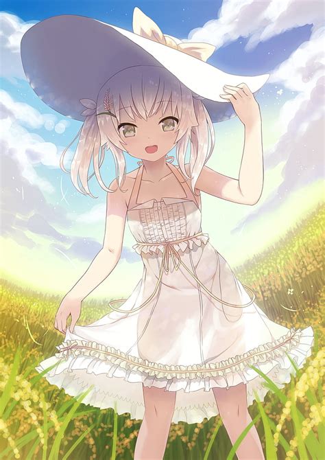 Hd Wallpaper Anime Anime Girls Field Dress White Dress Looking At
