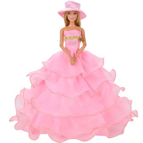 E Ting Fashion Pink Doll Clothes Evening Party Dress Ball Gown Hat For