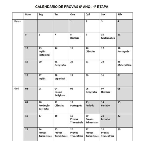 Calendário de provas do º ano CSA Colégio Santo Antônio