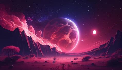 Premium Ai Image A Planet With A Pink Planet And Mountains In The