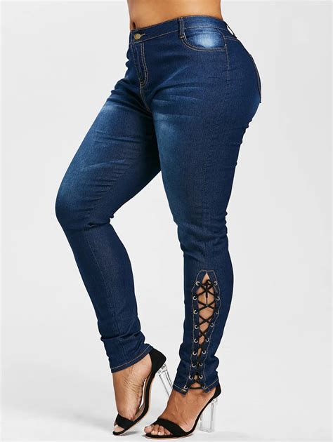 Wipalo Plus Size Zipper Fly Side Lace Up Jeans Skinny High Waist