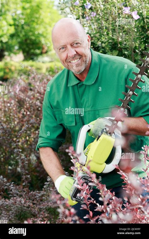 Happy Man Cutting Hedge With Electric Hedgecutter Stock Photo Alamy