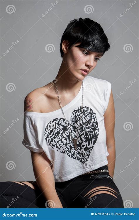 Beautiful Short Hair Brunette Woman Seated Looking Down Stock Image Image Of Female Good